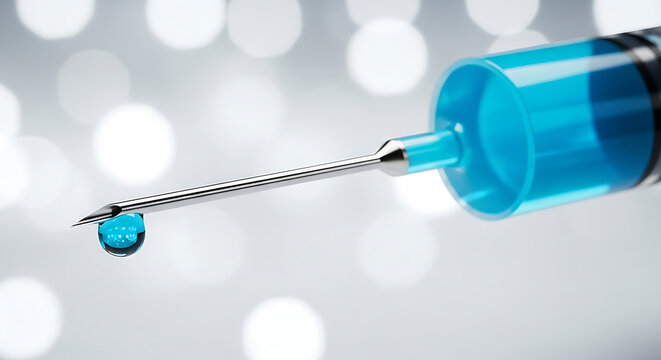 Precision medical syringe with a gleaming blue liquid drop, representing treatment, health, and scientific progress