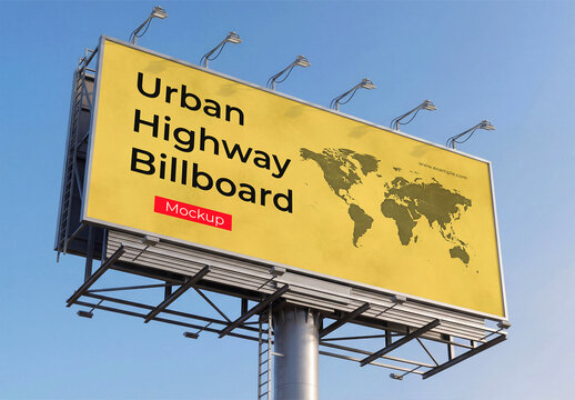 Urban Highway Billboard Mockup on Blue Sky Background