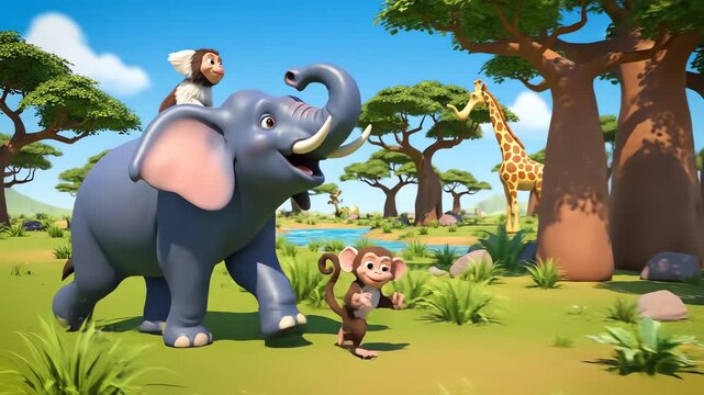 Cartoon Monkey Animated young girl riding on gray elephant in lush jungle setting with colorful trees and water stream
