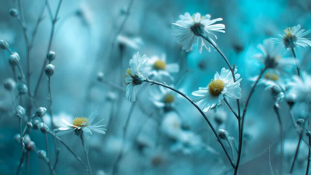 Close up of blooming white daisies with yellow centers in soft blue natural background for peaceful nature scene