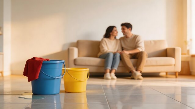 Couple sitting on couch with buckets in foreground