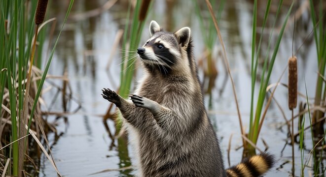 Raccoon standing curled sleeping in a hol with paws raised in water surrounded by reeds.