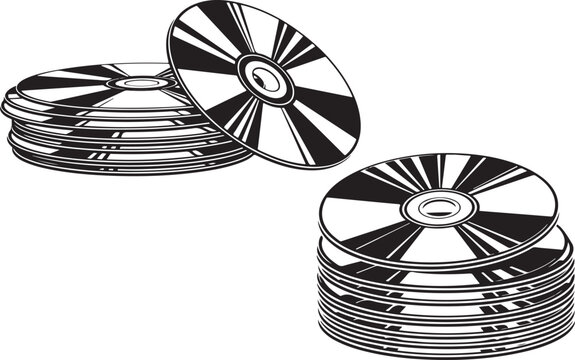 A stack and scattered optical discs depicted in a black and white sketch