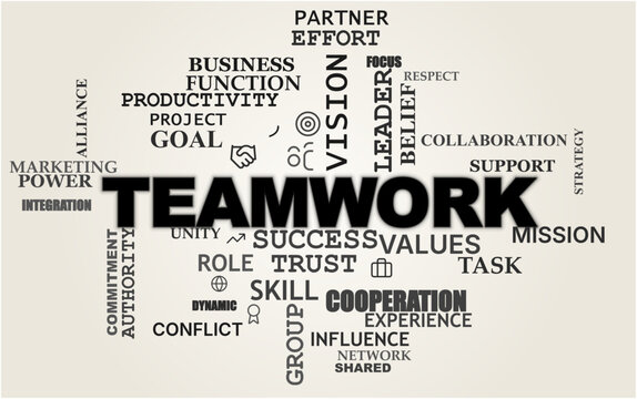 Teamwork and Corporate Leadership Concept Animated Vector Word Cloud with Business Icons and Professional Typography for Presentation Banner