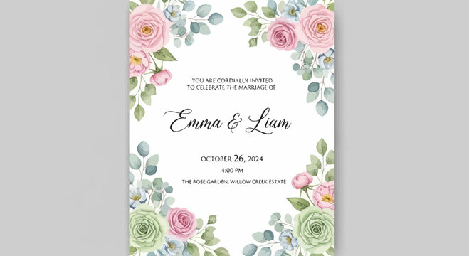 Elegant Floral Wedding Invitation with Roses and Eucalyptus - Emma & Liam