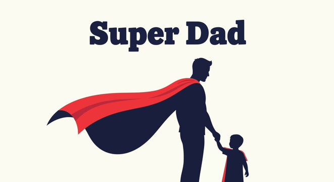 A loving father wearing a red cape holds a child's hand.