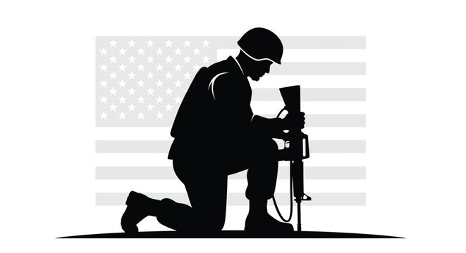 A soldier kneels in front of a machine gun with the American flag background.