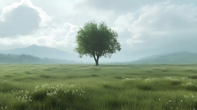 A tree standing alone with thick fog and green grass