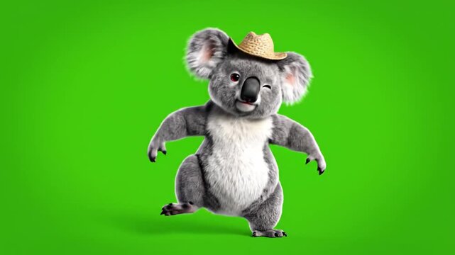 A cartoon koala wearing a cowboy hat dances on green screen