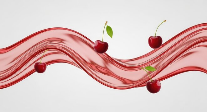 Cherry juice wave with cherries and leaves.