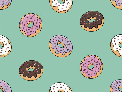 Seamless pattern of cartoon donuts with pink, purple, and chocolate frosting teal background