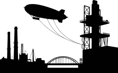 Silhouette of a blimp flying over industrial structures and a bridge at dusk zeppelin © Anjuman_42
