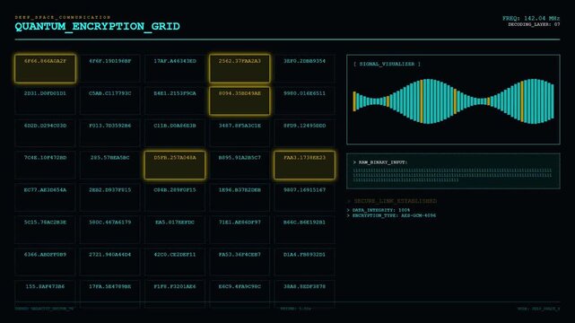 Deep Space Quantum Encryption Grid Interface and Signal Data Visualization.