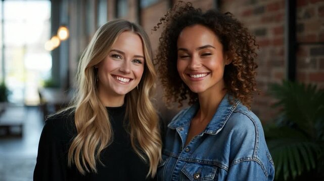 Portrait of attractive cheerful people specialists rejoicing celebrating great career at loft industrial interior indoors fashion editorial shot, high-fashion imagery, avant-garde aes.