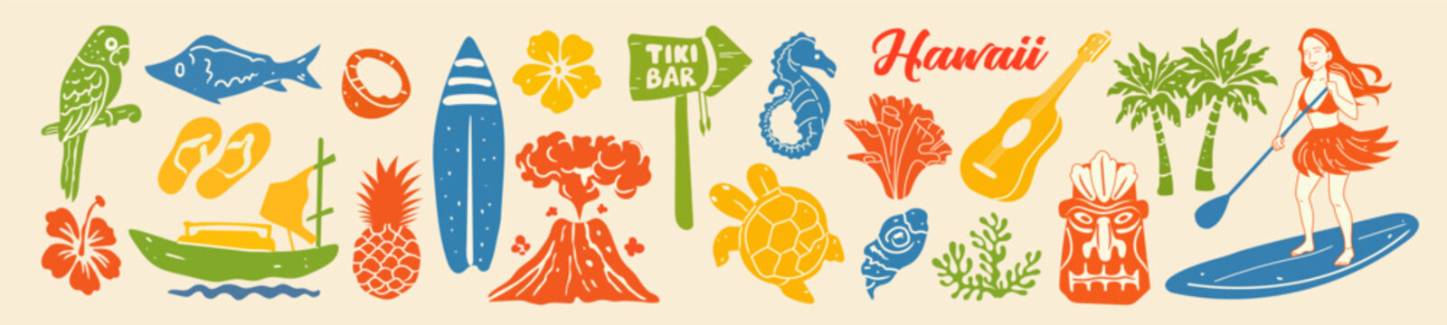 Hawaii summer beach print, hand drawn tiki mask illustration, exotic tropical island bar sticker set. Paradise vacation icons, surf girl, palm tree silhouettes. Hawaii summer theme