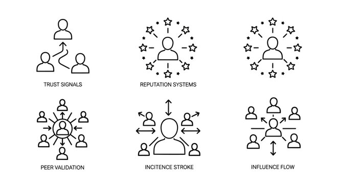 Social influence and reputation icons set.