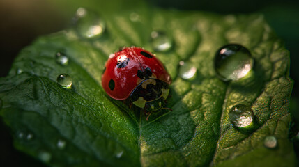 Fototapeta premium close-up of a ladybug on a fresh green leaf, macro photography