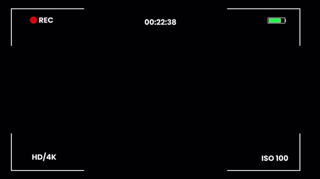 Video Camera Recorder Screen Overlay with Viewfinder, ISO, REC Icon, Battery Indicator and Digital Timer for Camcorder Interface Mockup 4k video