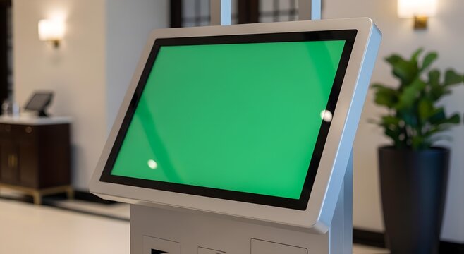Interactive touchscreen kiosk with a green screen in a modern lobby.