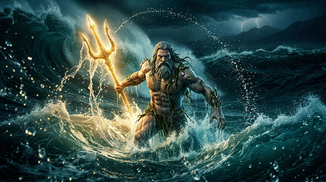 Rising from turbulent waves, glowing golden trident, dynamic water effects, dramatic deep sea lighting