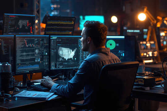 Financial Journalist Analyzing Market Trends on Advanced Multi-Screen Workstation in a Modern High-Tech Control Room Environment