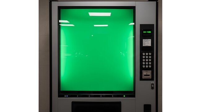 Close-up of a grey self-service kiosk with a glowing green screen and side keypad for public transactions.