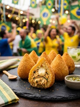 Crispy Brazilian Coxinhas on Tablecloth, Gourmet Party Snack Close-Up