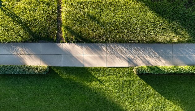 concrete road grass lawn sidewalk aerial view top view paved path concrete road with green grass either side and soft sunlight casting subtle shadow peaceful suburban walkway lined by maintained
