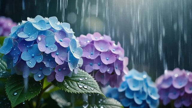 Cinematic Macro Slow Motion Close-up of Beautiful Hydrangea Flowers in Purple and Blue with Raindrops, Rainy Season Japan