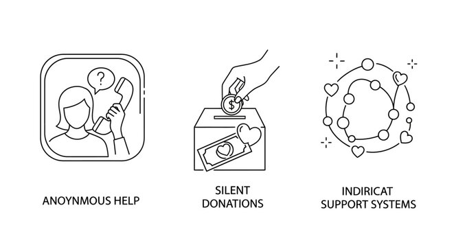 Line icons illustrating anonymous help, silent donations, and support systems.
