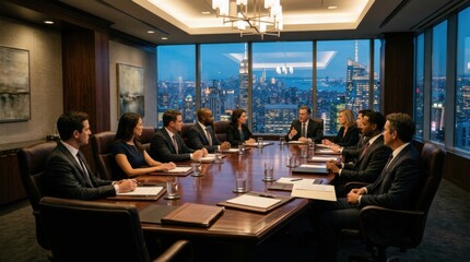 Naklejka premium Meeting of Law Firm Professionals at a Conference in a High-Rise Office With a City View During Evening Hours