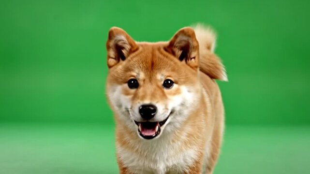 A dog on green background screen is running towards camera.