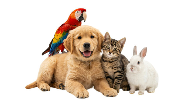 Cute dog cat rabbit and colorful parrot together isolated on transparent background