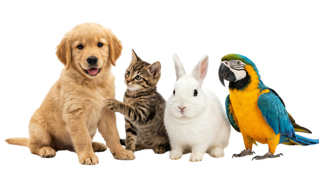 Cute dog cat rabbit and parrot friends together isolated on transparent background