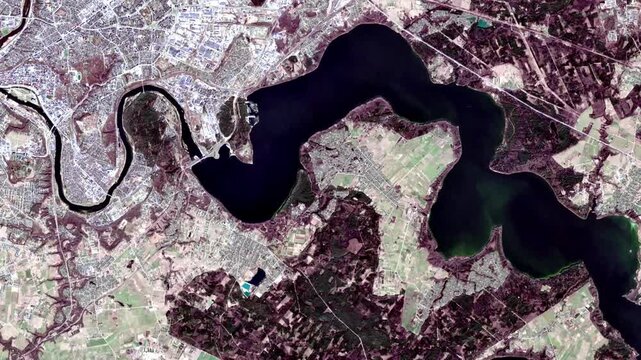 Satellite View of Kaunas, Lithuania, Flying Over Nemunas River and Kaunas Reservoir