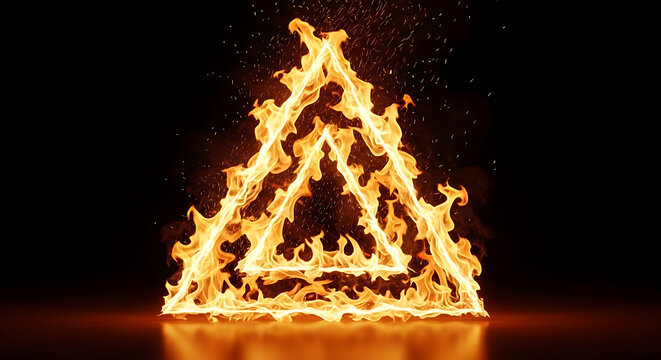 Dynamic fiery triangle igniting a dark void, symbolizing strength and elemental power, a captivating abstract graphic