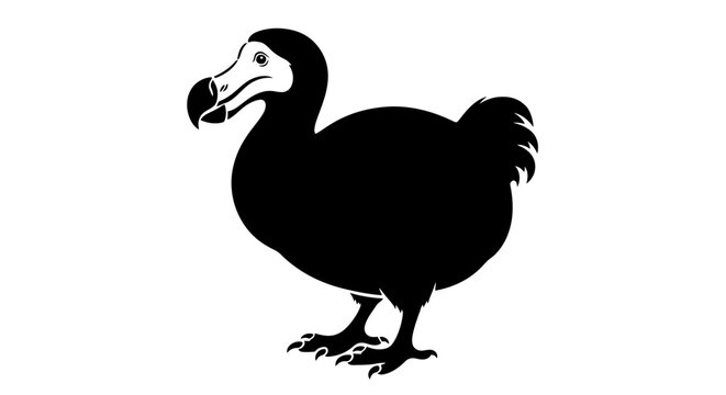 A stencil illustration of a large black flightless bird creature stands alone in a swampy environment.