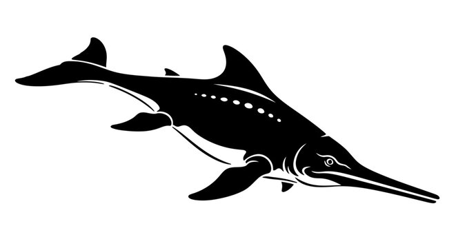 The ichthyosaurus swims through the ocean with a bold motion pose in a silhouette stencil.