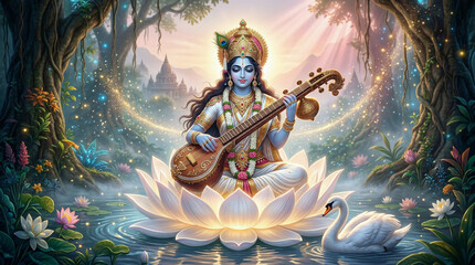 Fototapeta premium Goddess Saraswati, Serene Saraswati playing the veena on a glowing white lotus, soft ethereal morning light, divine realism, hyper-detailed