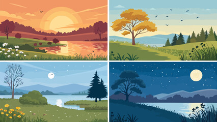 Naklejka premium Four seasons and times of day landscape illustrations set nature scenes with sunrise, daytime, evening, and night sky vector flat design backgrounds