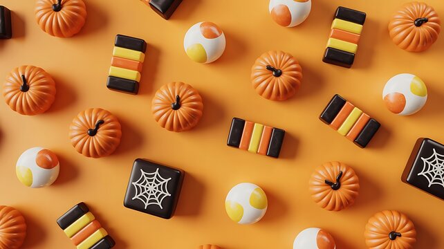 Festive arrangement of miniature pumpkins decorative sweets and halloween themed elements against a vibrant orange backdrop