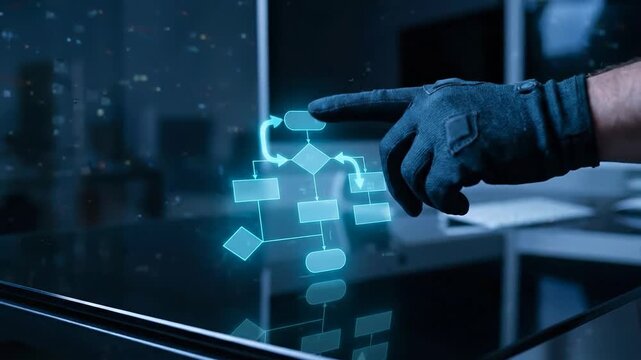 Autonomous workflow process chart diagram flowchart with gloved hand pointing at dark office glass interface for SEO upload
