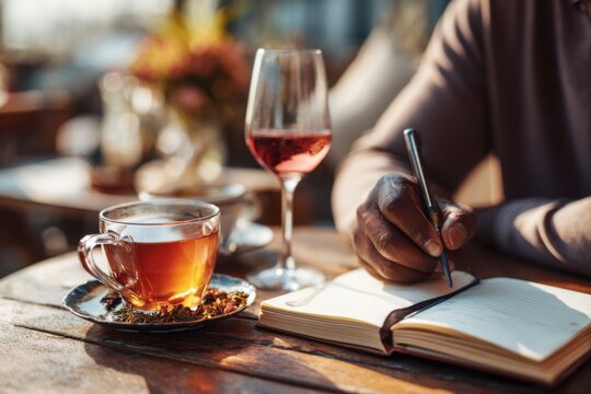 Young man writing in journal at cafe table with tea and wine, quiet reflective moment, cozy urban caf&eacute; atmosphere scene