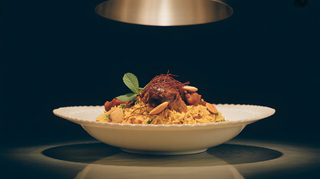 Exquisite pasta dish with vibrant garnishes illuminated in a dramatic studio setting