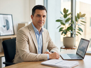Naklejka premium Confident Mature Businessman in Beige Blazer Working on Laptop in Modern Office