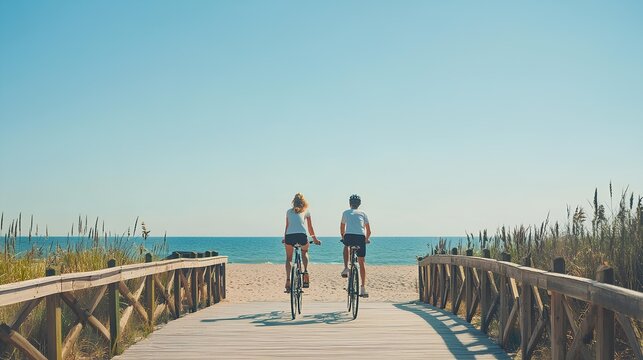 A woman and a man are riding bicycles towards the beach with a park on the right and left.