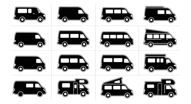 Set of Van Icons: Campervans, Minivans, Passenger Vans, Cargo Vans