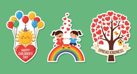 Obraz premium Joyful Childrens Day Stickers Featuring Balloons, Rainbow, and Hearts.