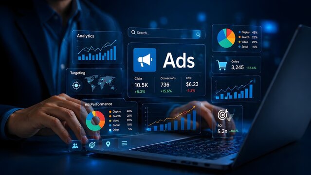 Digital marketing expert analyzing advertising campaign metrics on laptop.
