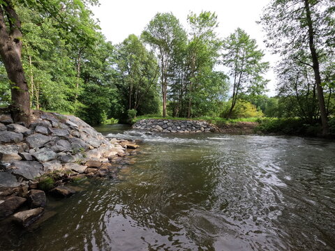 Flowing river stream with stone riprap bank stabilization in green summer forest landscape. Nature conservation and environmental protection.